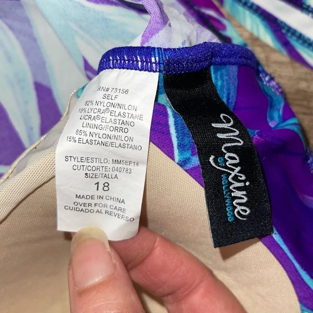 Maxine Of Hollywood Womens Ruched Front Tropical One Piece Swimsuit Purple Sz 18 - Image 4