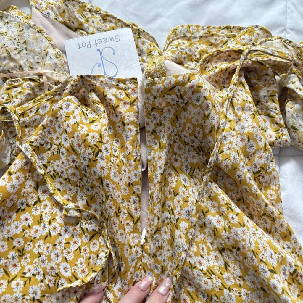 NWT Womens Size 6 Yellow Floral Mini Dress Off Shoulders Sundress Summer Travel - Image 8