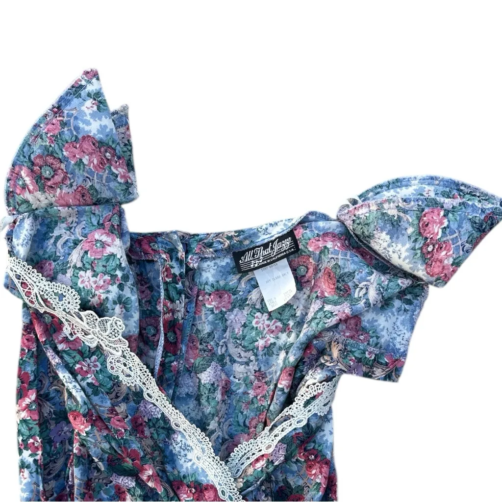 All That Jazz Vintage 90s Floral Rayon Lace Trim Midi Dress 13/14 Made in USA - Image 7