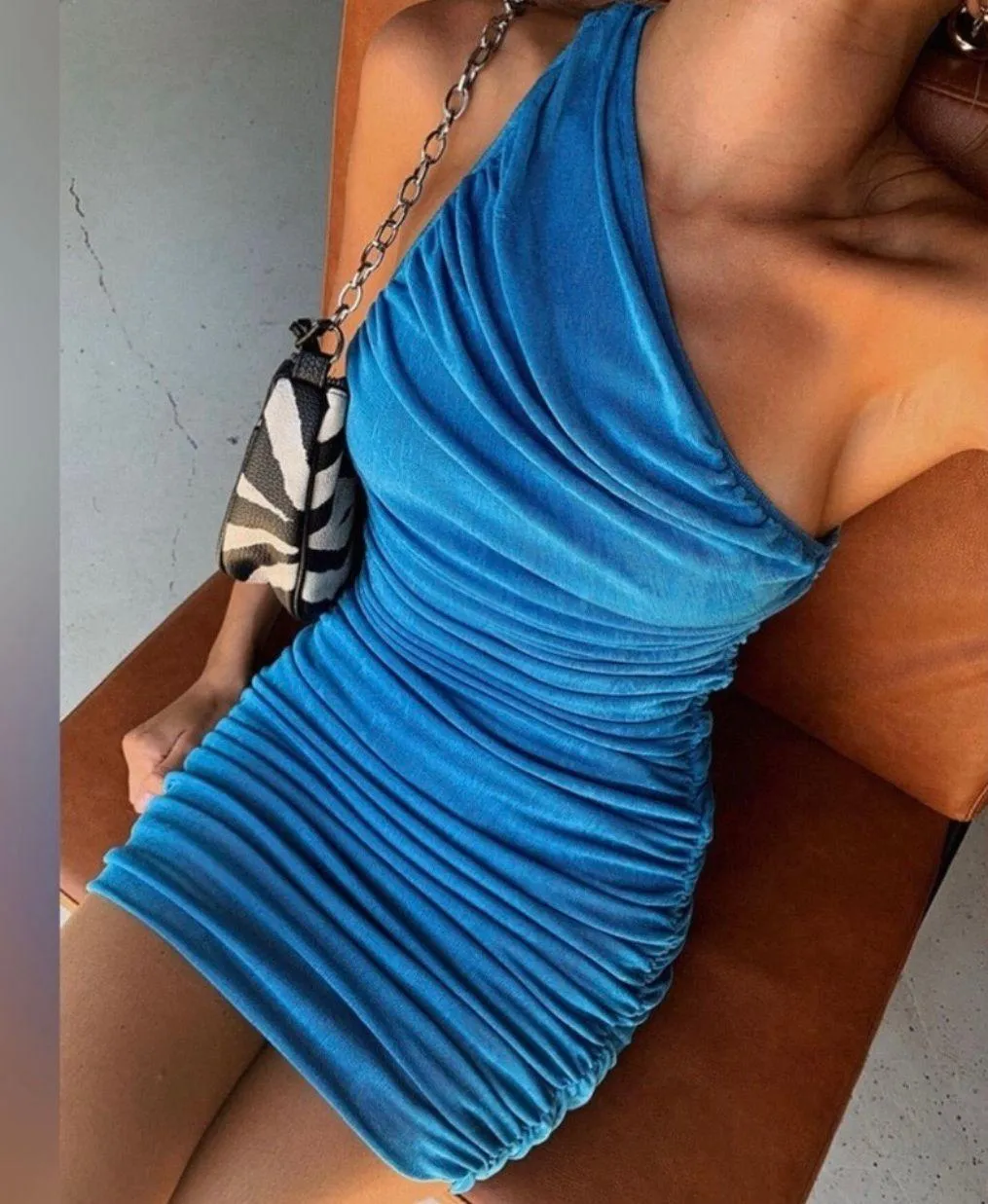 Blue Goddess One Shoulder Ruched Mini Dress 2 XS NEW - Image 2