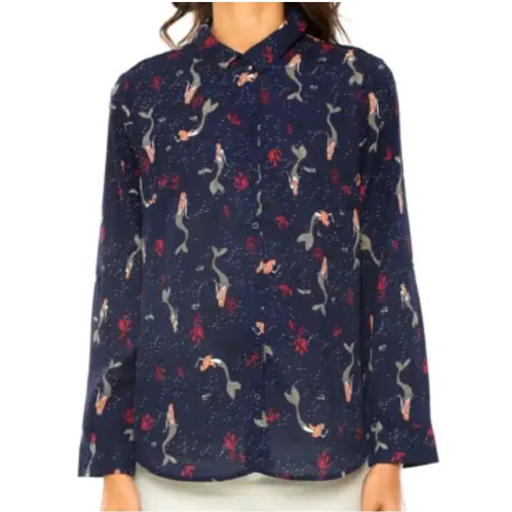 a.n.a ANANY BASIC NWOT Navy Blue
Mermaid Print Button Down Shirt
Blouse M - Image 3