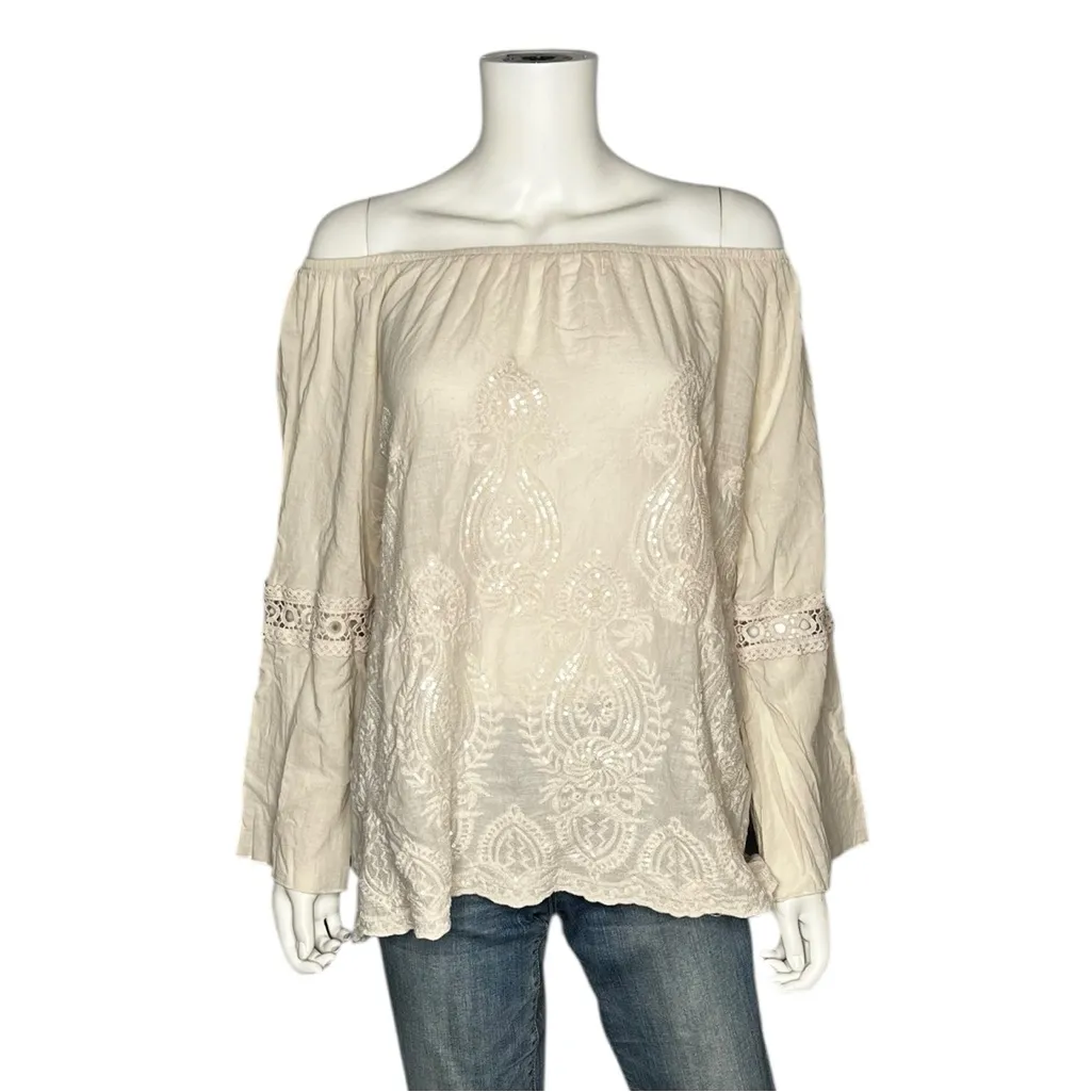 Kaktus Boho Sequin Embroidered On Off Shoulder Peasant Top Size XL Beige Crochet - Image 4