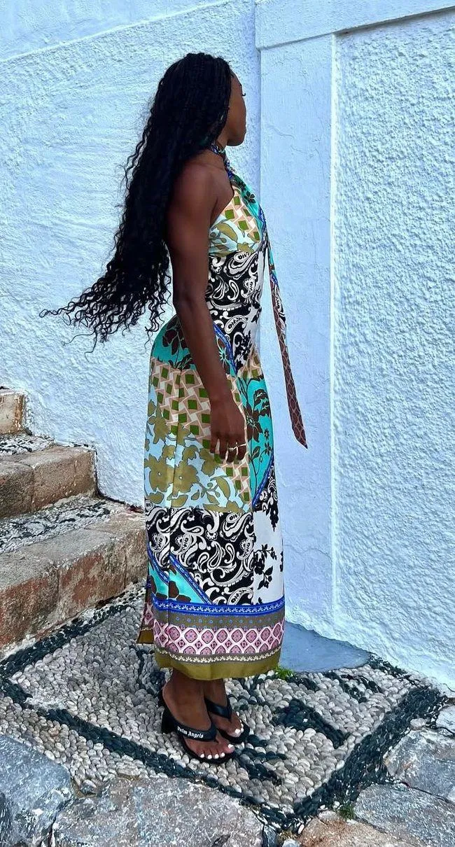 dress maxi Multicolor Halter printed satin effect casual wedding party - Image 8