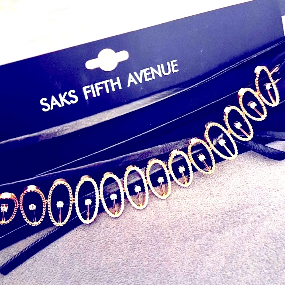 Saks Fifth Avenue Luxurious Rose Gold Crystal and Black Leather Choker - Image 2