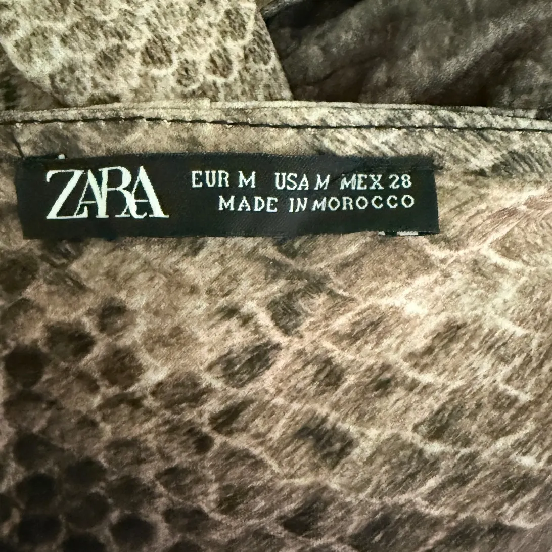 Zara Snakeskin Long Sleeve V Neck Button Down Midi Dress Stretchy M Beige Brown - Image 8