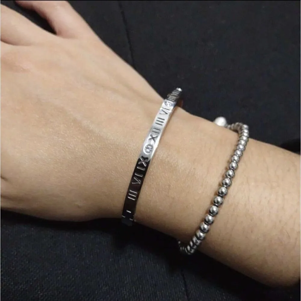 White Gold Roman Numeral Bangle Bracelet Cubic Zirconia Stackable womens jewelry Silver - Image 3