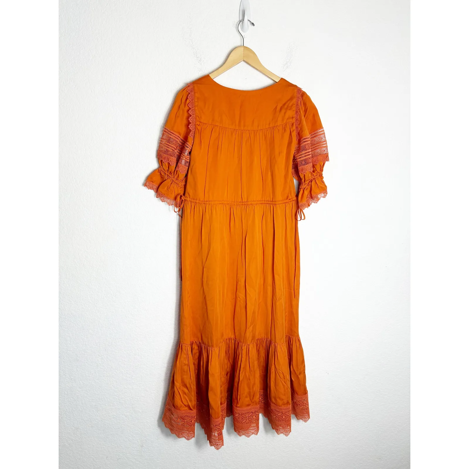 Self Portrait Lace-Trimmed Satin-Twill Midi Dress Size 6 Orange Ruffle - Image 13