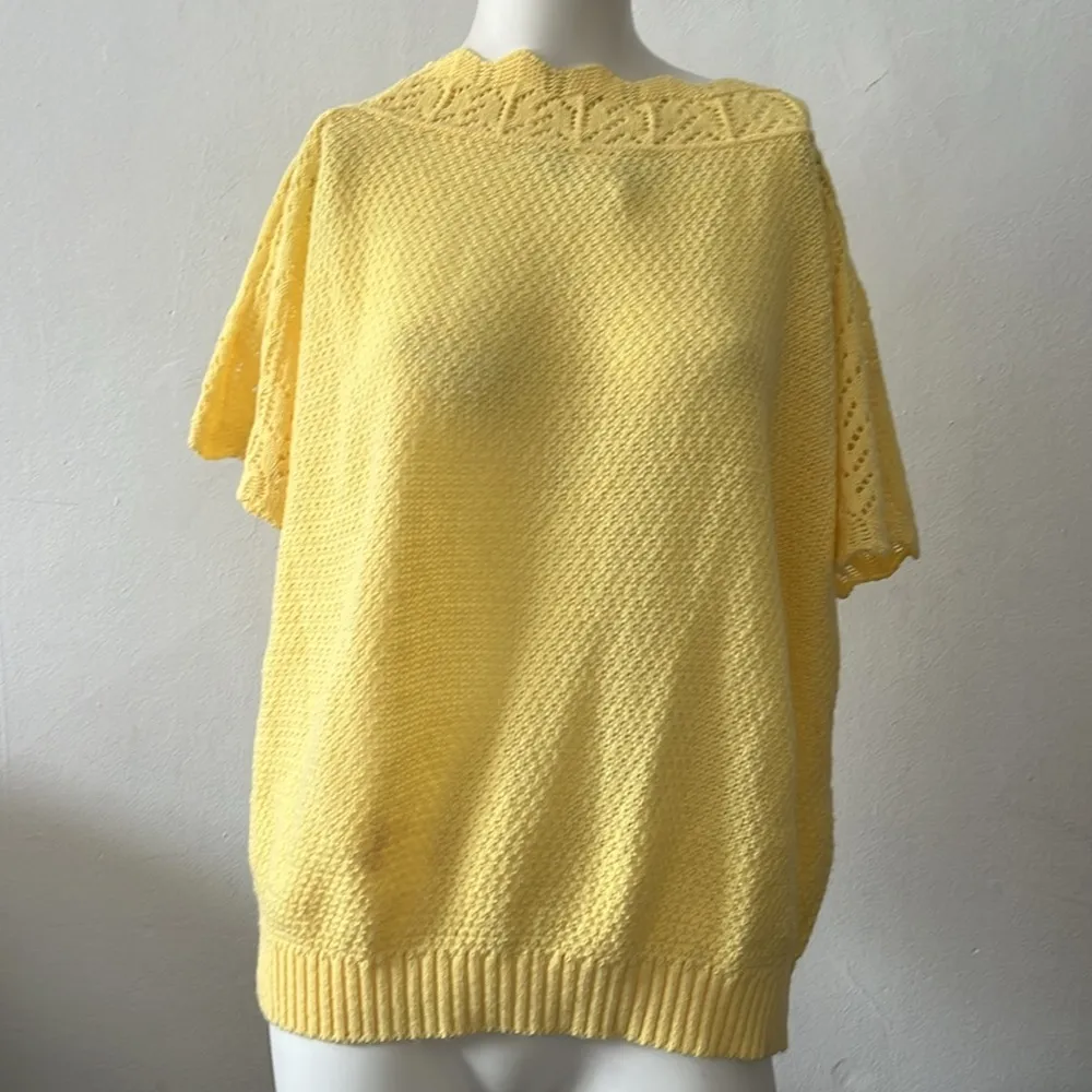 Vintage Blair USA yellow cottage core crochet waffle print scoop neck sweater XL - Image 2