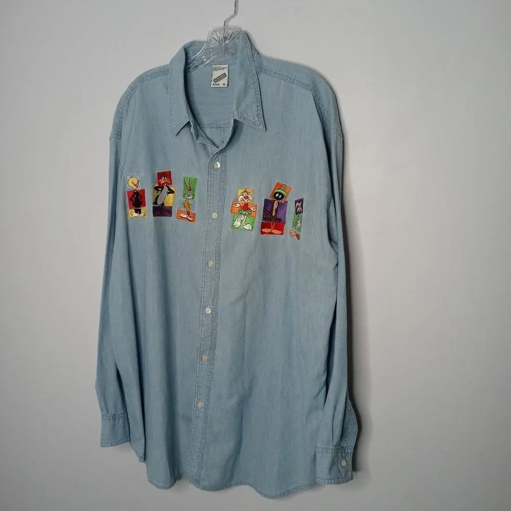 Vintage 1998 Warner Bros chambray shirt Blue Size XL - Image 5