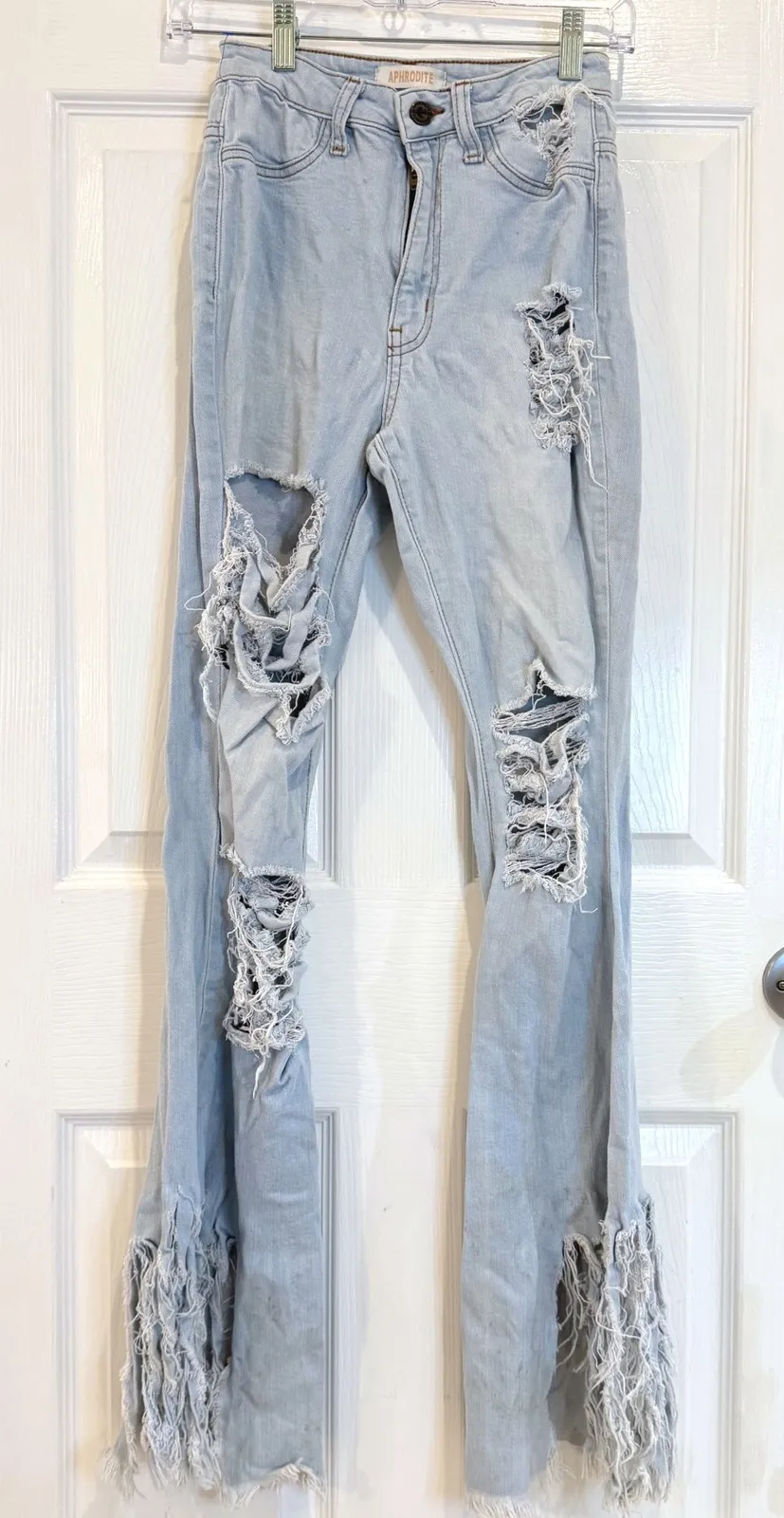 Aphrodite Jeans sz 5 Light Wash Distressed Ripped Fringed Hem Flare Bell Bottom - Image 1