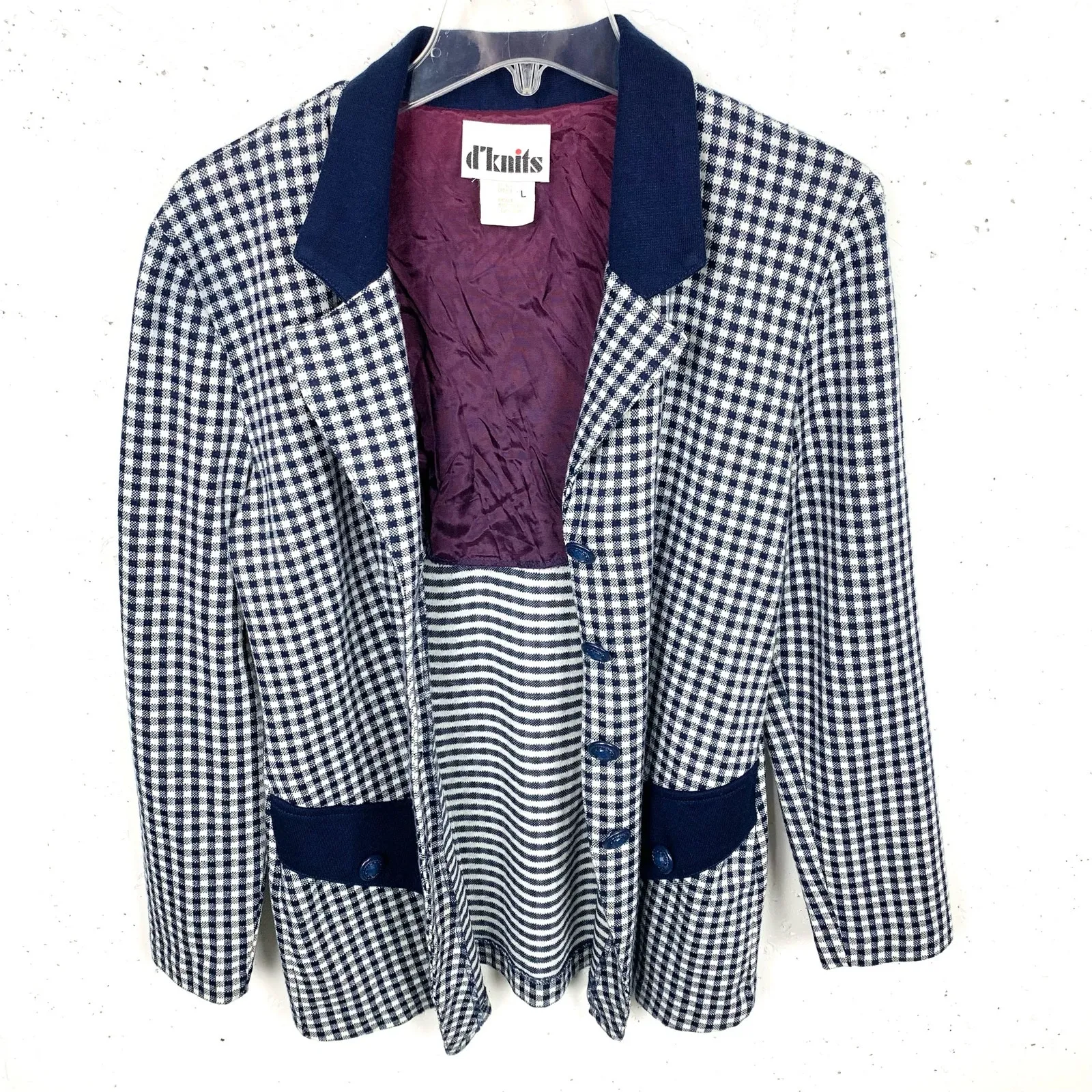 Vintage d'knits Womens Gingham Blazer 3 Button Navy White Notch Collar Medium Blue - Image 12