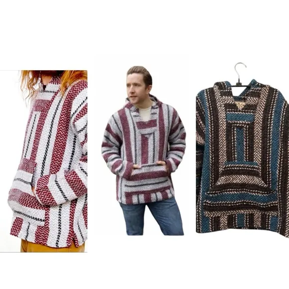 Vintage Baja Joe Mexican Hoodie - Black, White, and Blue Pullover Surfer Ski top - Image 2