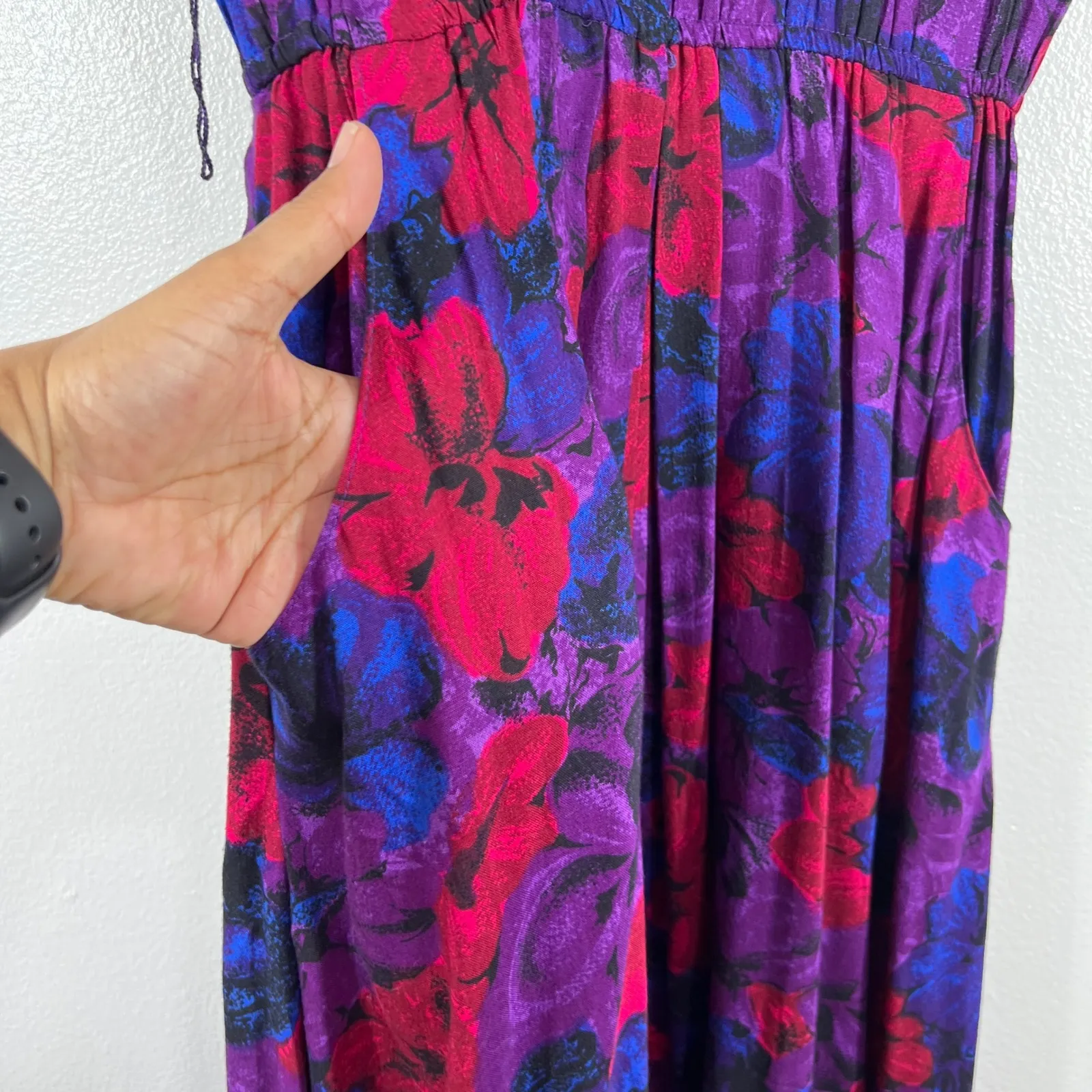 Pellini Petites Floral Midi Dress Vintage 90s Button Back Pockets‎ Purple Size 8 - Image 7