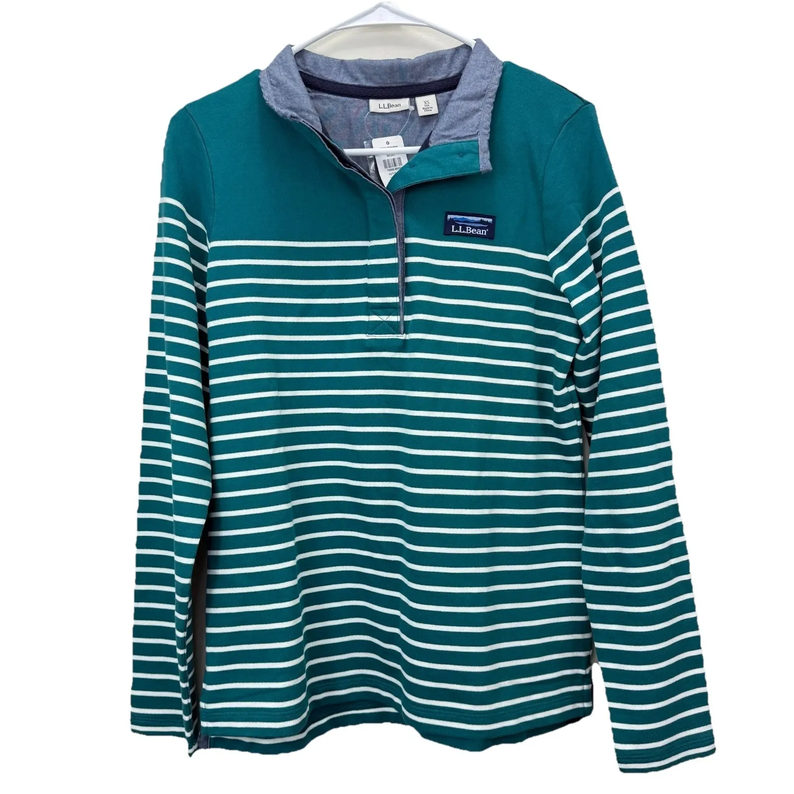LL Bean Womens Teal Striped Long‎ Sleeve Cotton Rugby Pullover Size XS Green - Image 2