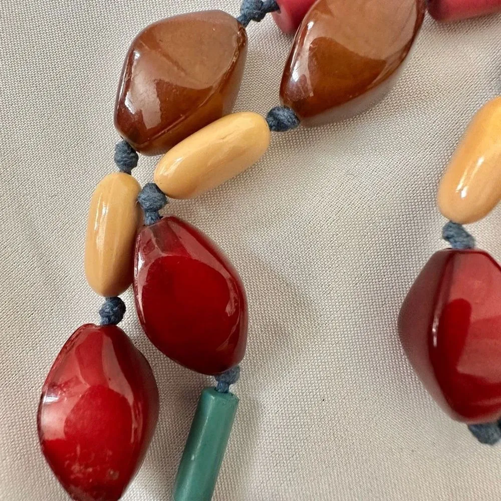 Red orange and blue long beaded necklace - Image 9