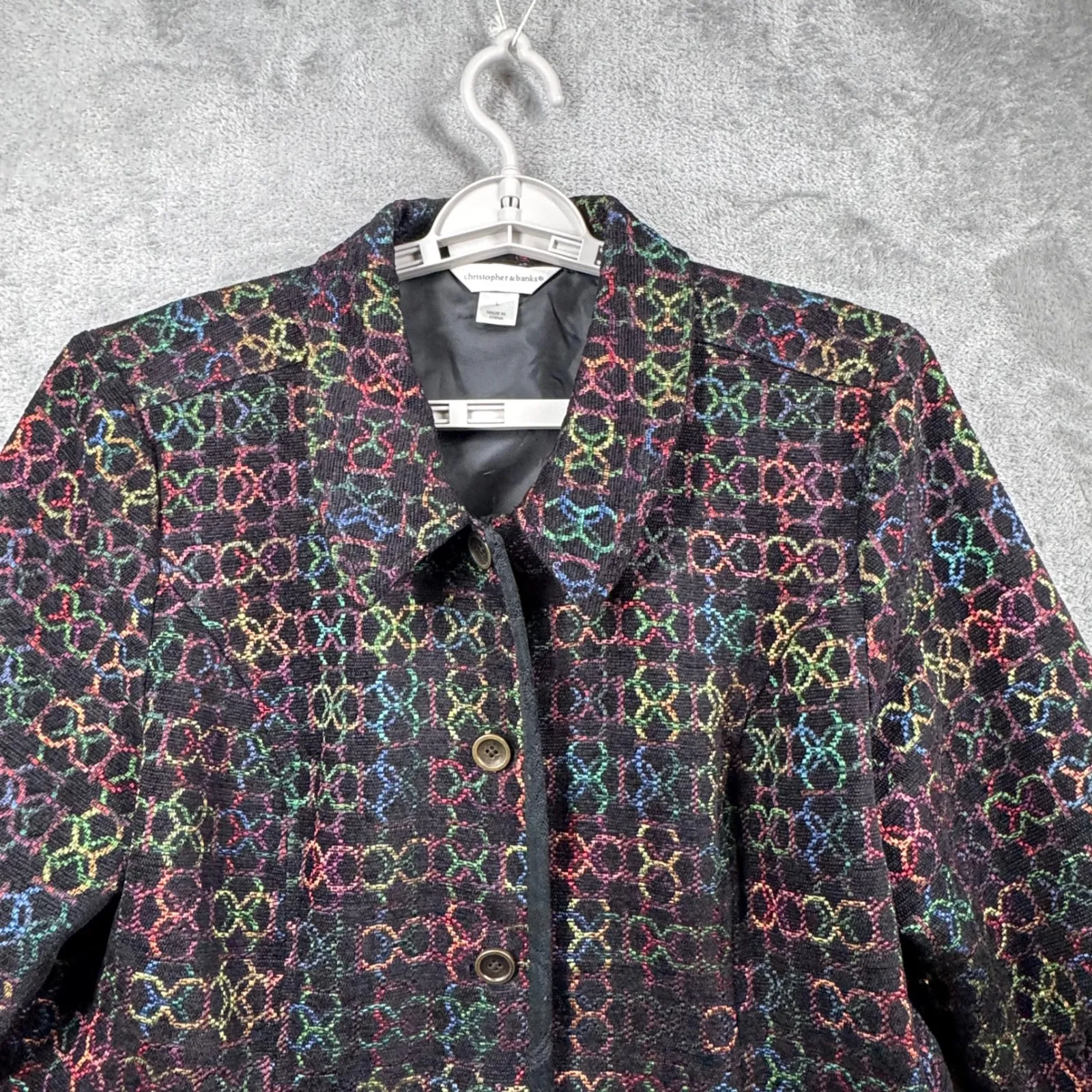 Christopher & Banks Blazer L Black Multicolor Circles Geometric Rainbow Artsy - Image 5