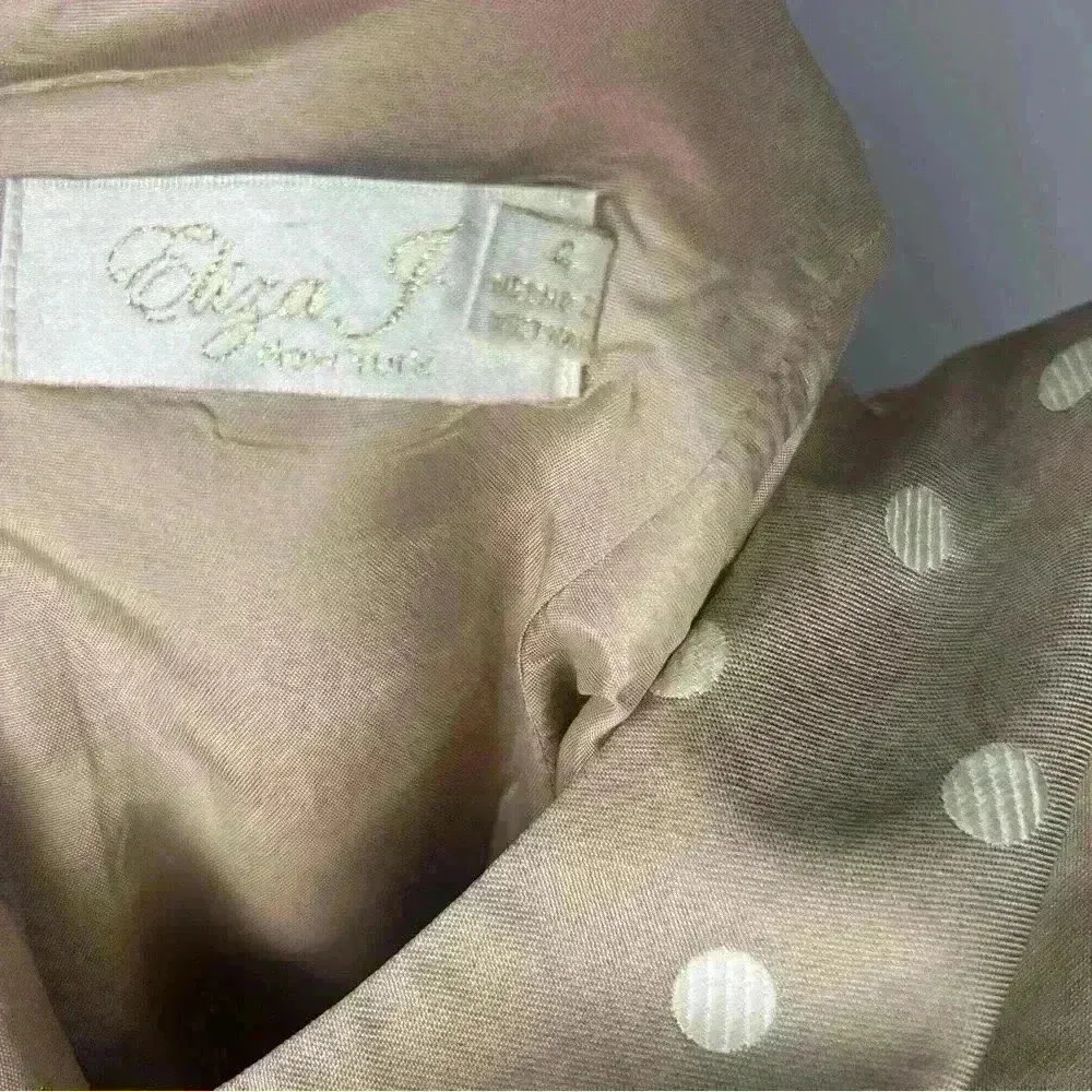 Eliza J Polka Dot Satin Belted Tulip Dress Size 4 Taupe - Image 6