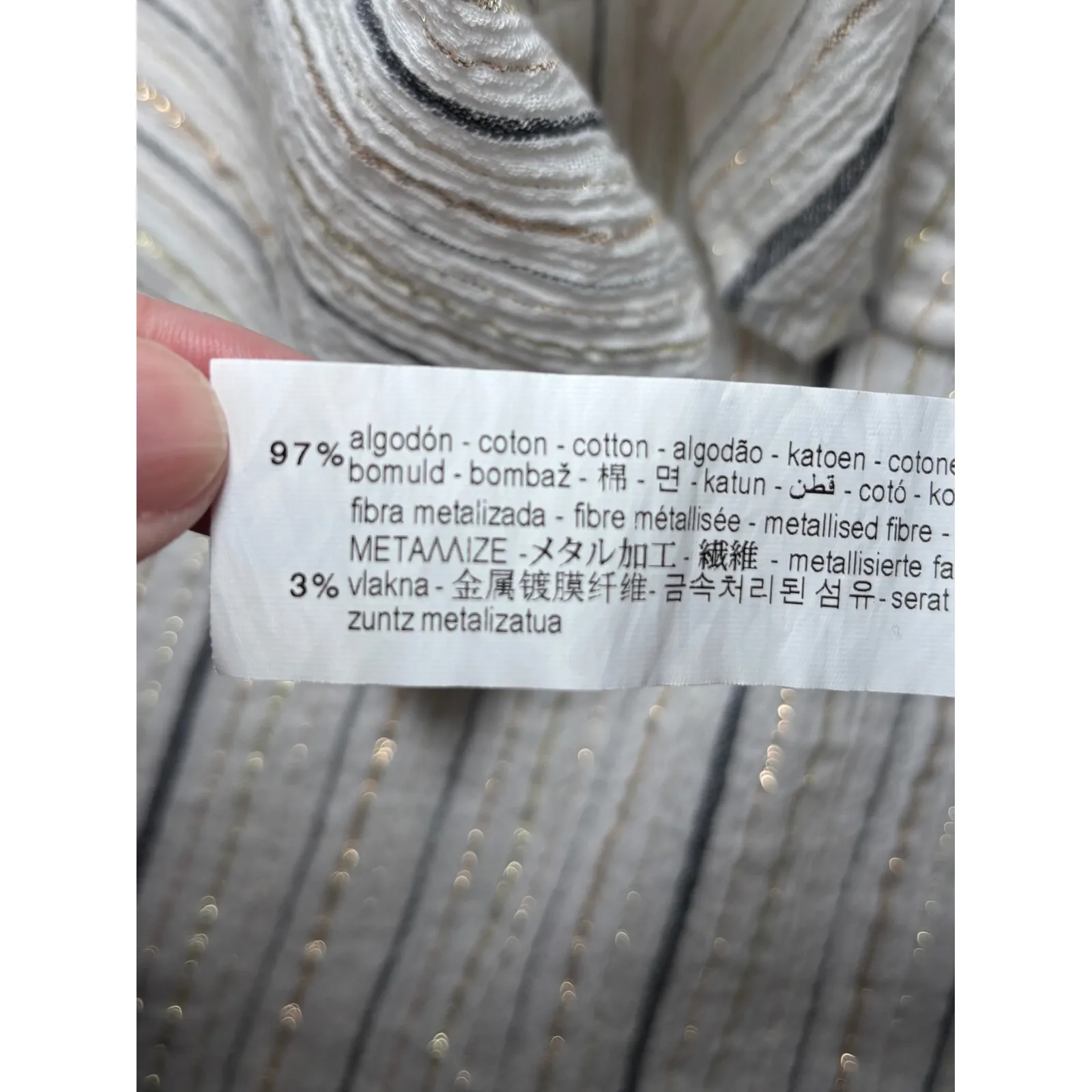 Zara White Metallic Striped Cotton Blend Button Down Flowy Top Large Lightweight - Image 9