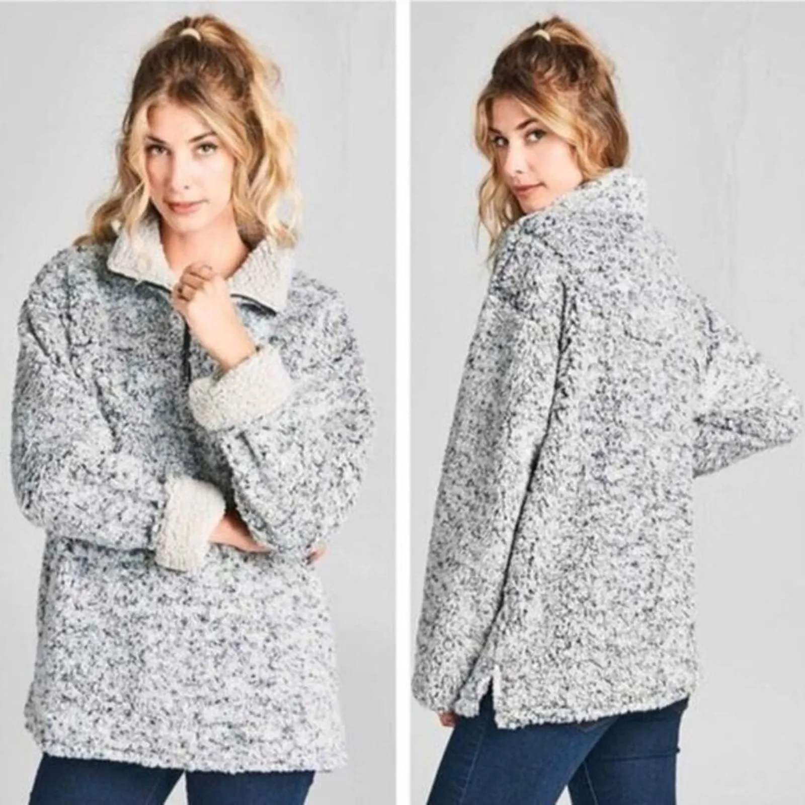 Oddy Pullover Sherpa Womens S Gray Marled Fleece Cozy Oversized Soft Cottagecore - Image 2