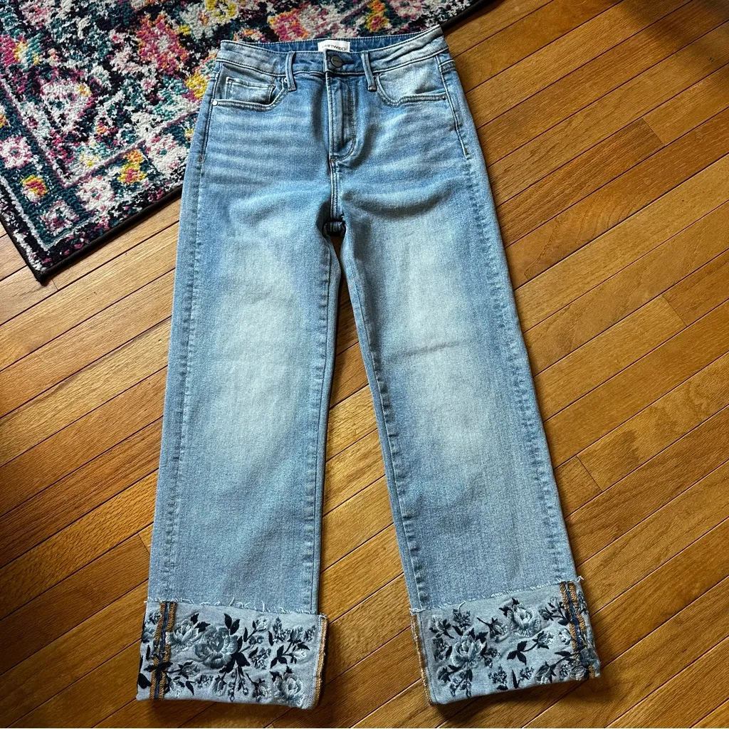 Driftwood Collette Embroiered Floral Cuff Straight Jeans Womens 24 Blue - Image 7
