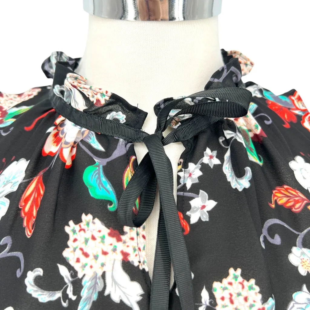 Violet & Claire Black Floral Print Sleeveless Blouse Ruffle Neck Size Small - Image 3