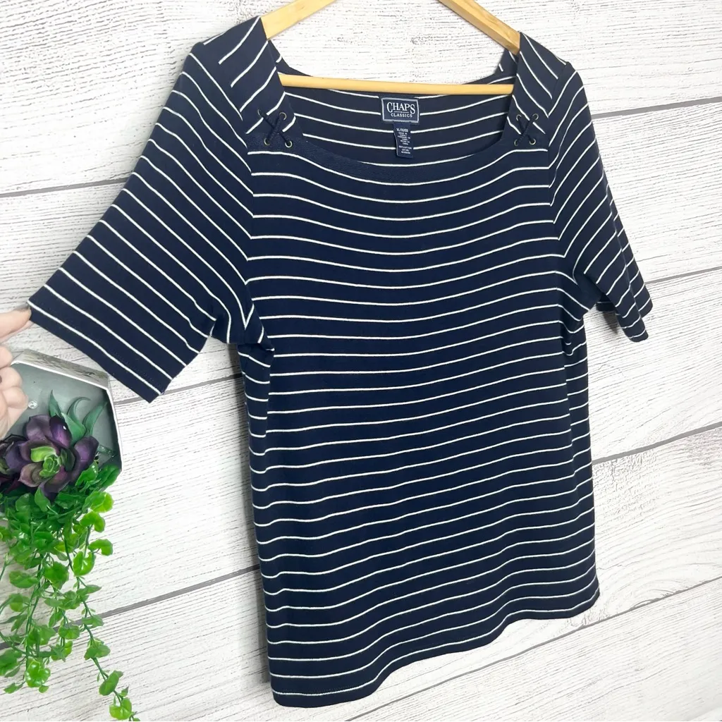 Chaps Navy Blue & White Nautical Striped Short Sleeve Casual Top Size XL - Image 6