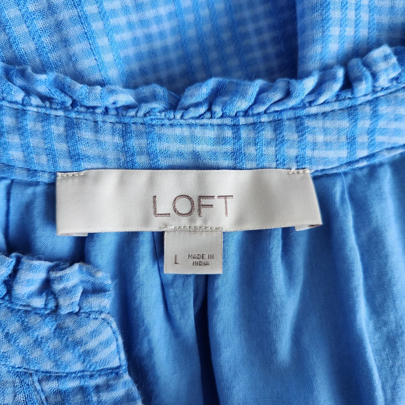 LOFT Blue Gingham Flutter Sleeve Tiered Button Down Summer Dress L - Image 6