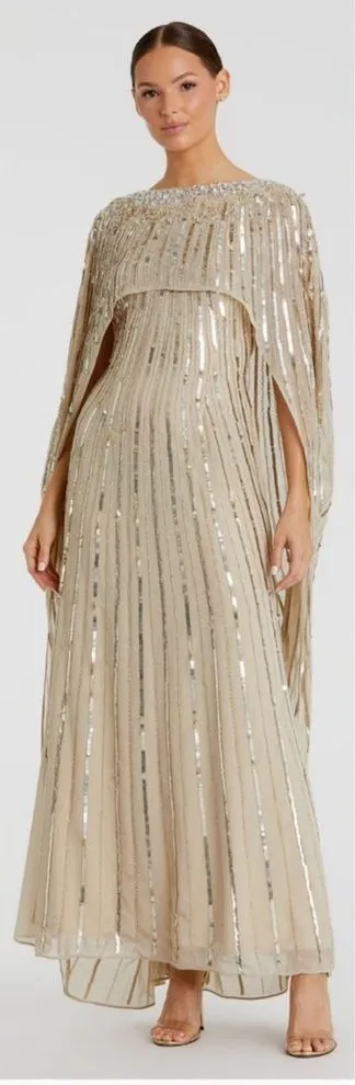 NWT Mac Duggal 93869 Gold Embellished Beaded Column Cape Gown 14 - Image 2