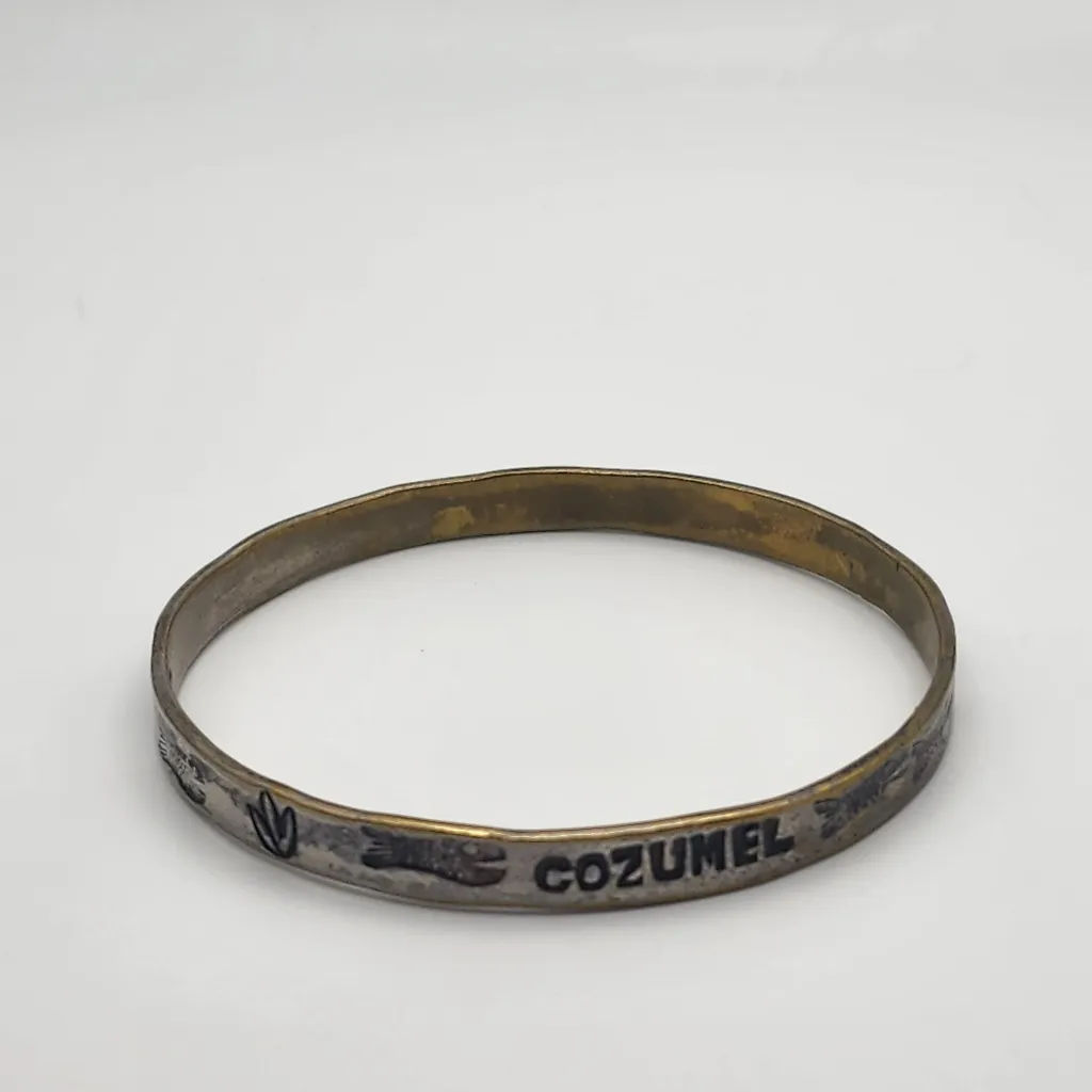 Taxco Mexico Southwestern Silver Tone & Bronze Cozumel Bangle Bracelet (8") Gold - Image 2