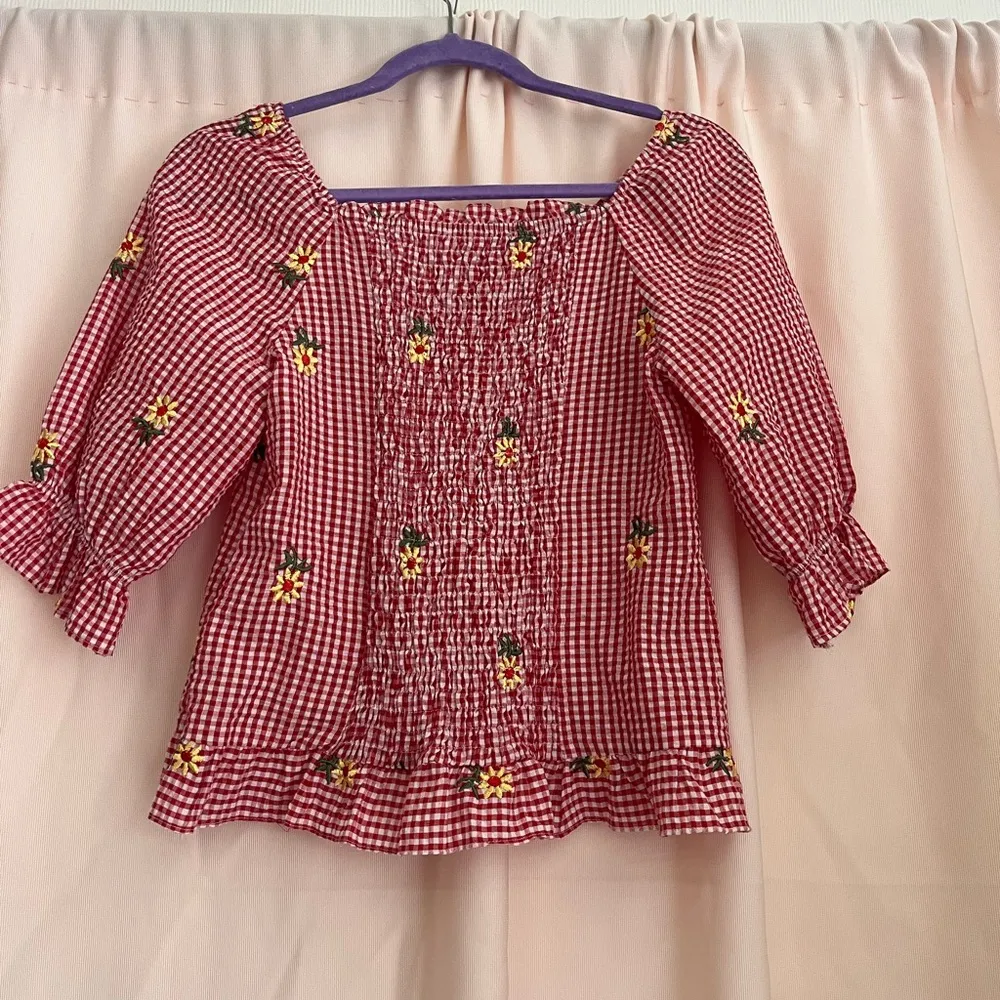 Red Gingham Blouse with Floral Details - Image 4