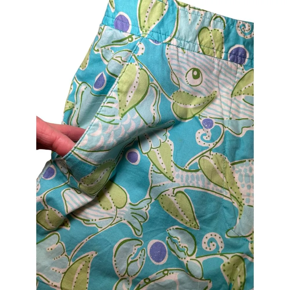 Vintage Lilly Pulitzer Women 0 Happy Fish Crab Beach Pants Capri Crop Blue Green - Image 3