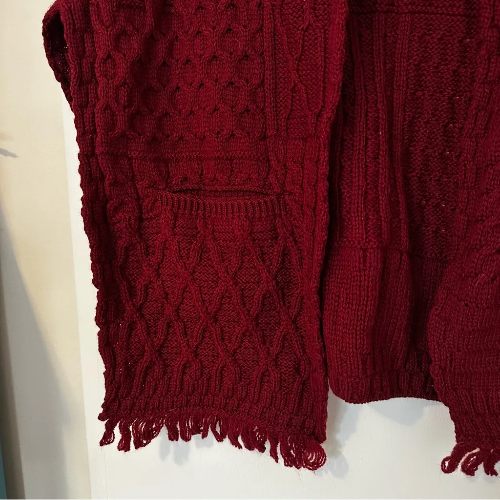 Connemara Knitwear Vintage Merino Wool Cable Knit Shawl Sweater One Size Red - Image 2