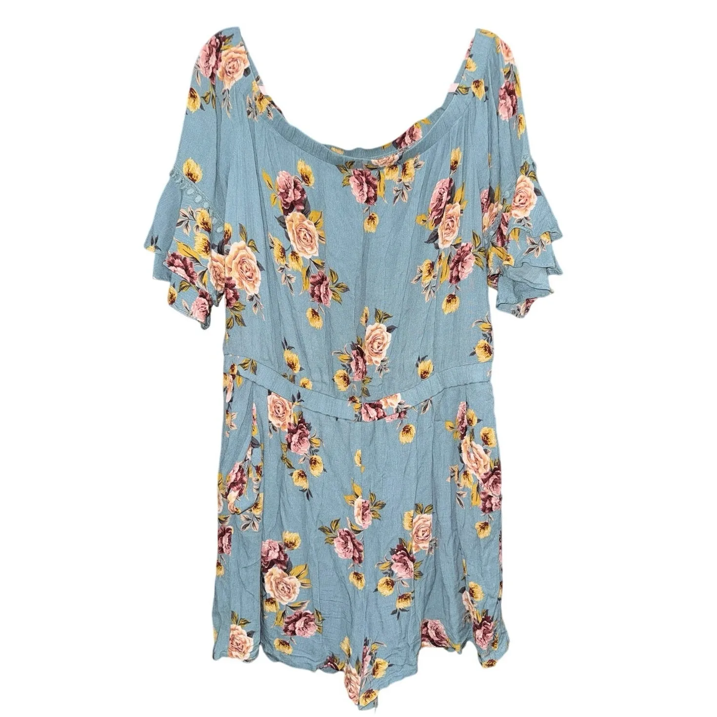 Xhilaration Womens Romper Blue Green Floral Off Shoulder Pockets XXL Plus size - Image 2