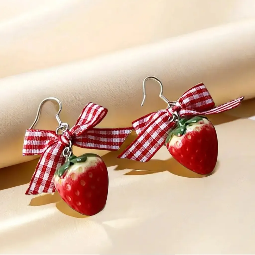 Strawberry Gingham Bow Earrings Red - Image 3