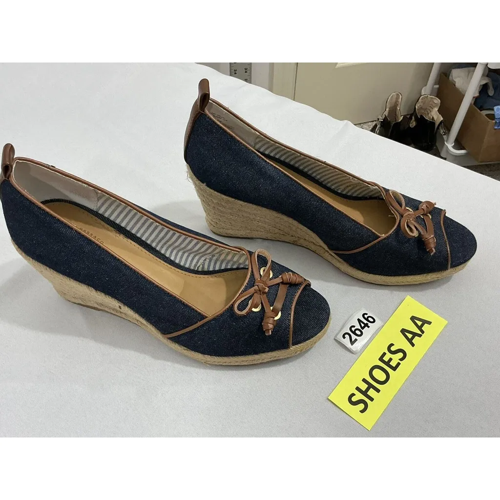 Womans Bass Anne 9.5 M Blue Denim Slip On Open Toe Espadrille Wedge Shoes - Image 2