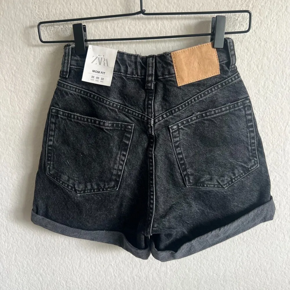 NWT ZARA Black Mom Fit High Rise Bermuda Denim Jean Shorts Womens 0 - Image 4