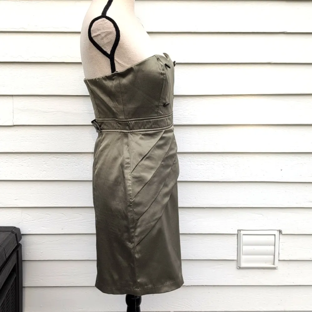 Rhapsody Satin Strapless Cocktail Dress | Juniors Olive Green Strapless Dress - Image 4