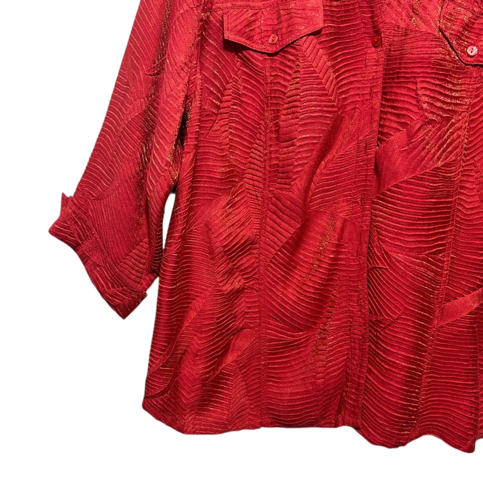 Coldwater Creek Women Button Top 2X Metallic Red Textured Leaf 3/4 Cuff Sleeve - Image 3