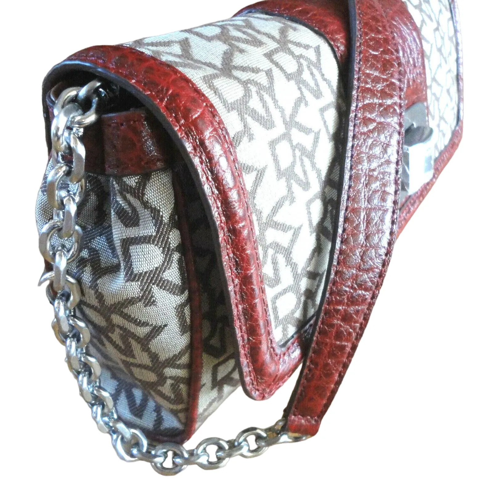 Dkny Mini Shoulder Handbag Jacquard & Red Leather Nappa Chain Clutch Purse New - Image 4