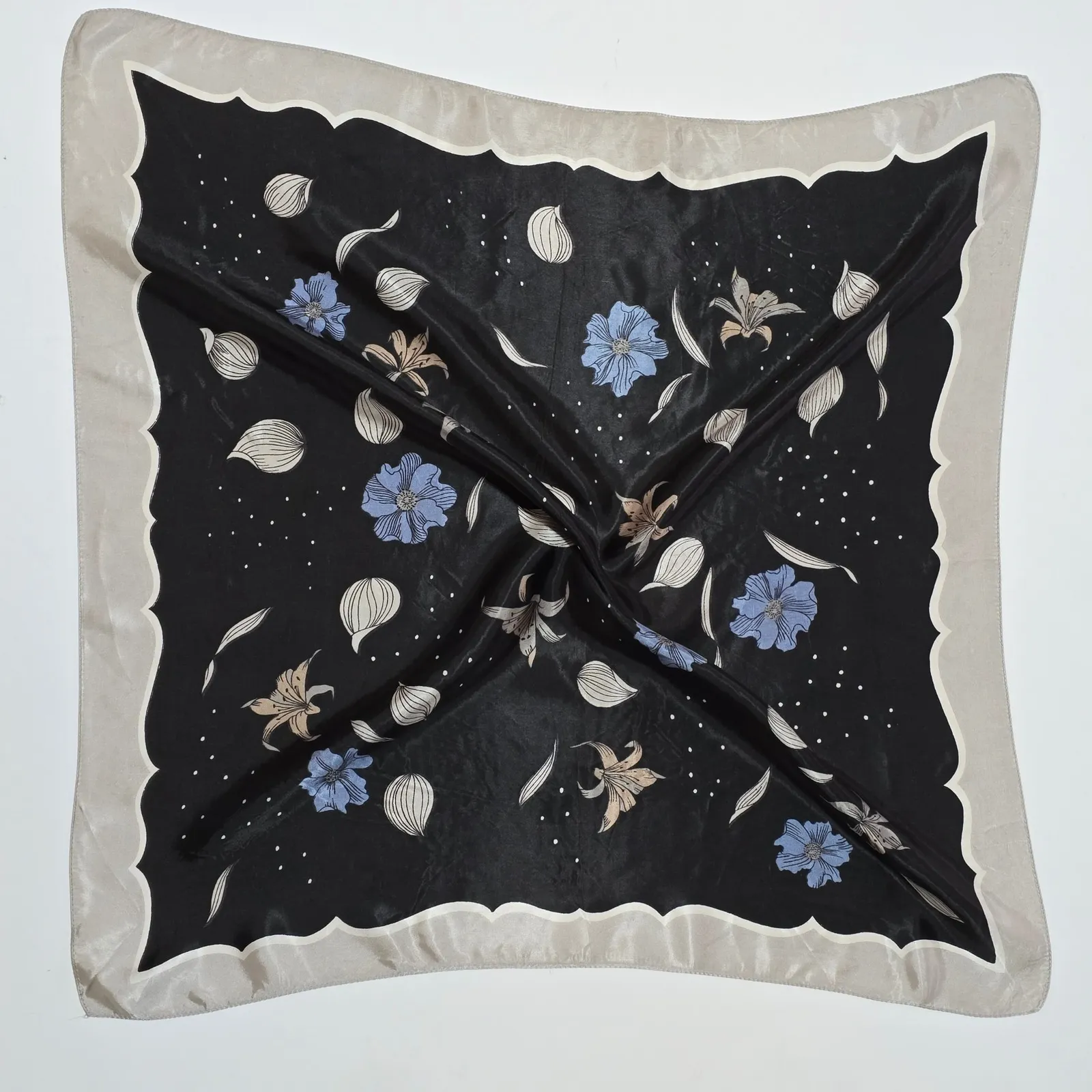 Vintage Satin Floral Scarf Black Blue Square Neck Head Bandana Kerchief Silver - Image 4