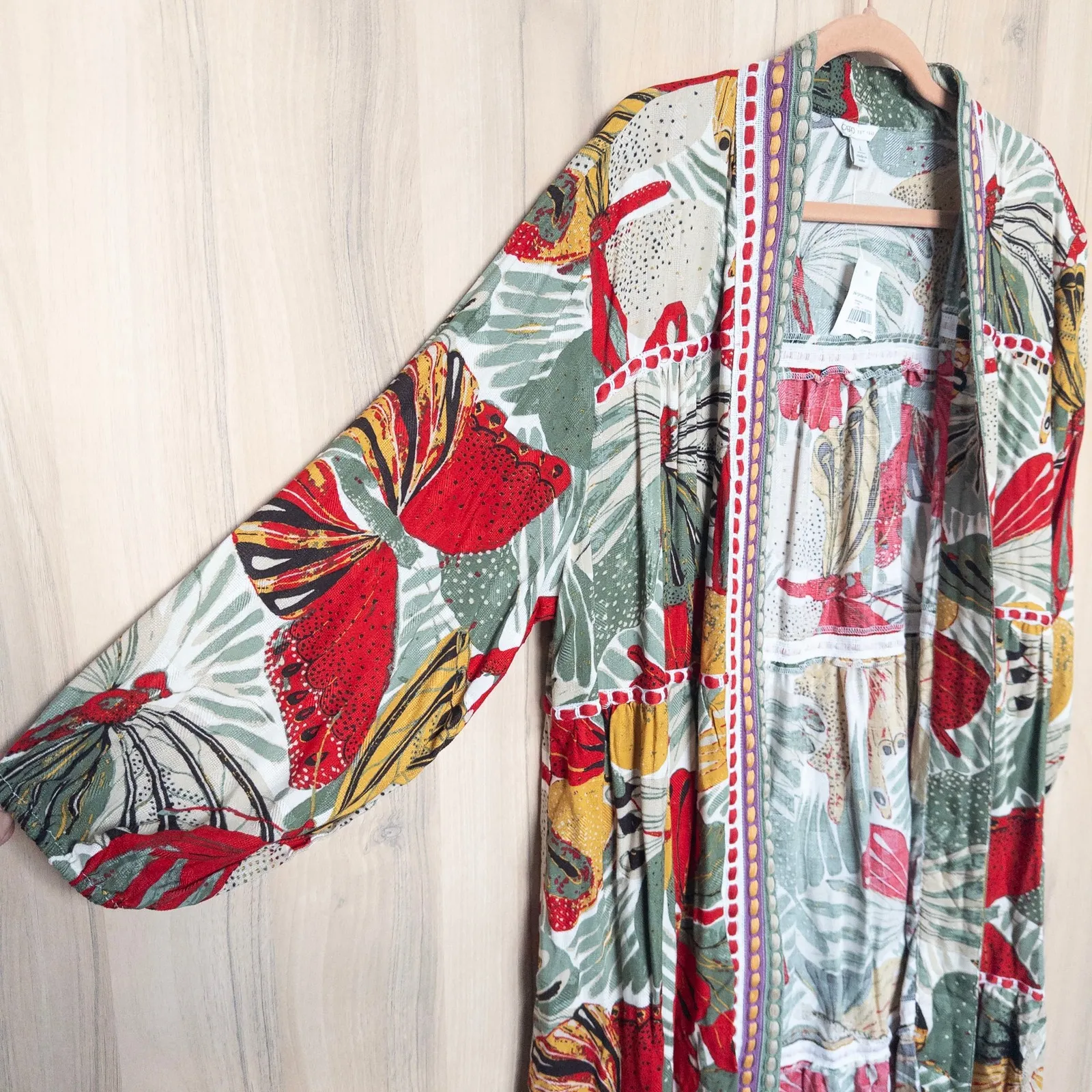 Womens Kimono Duster Size L Multicolor Embroidered Boho Floral Resort Tropical - Image 6