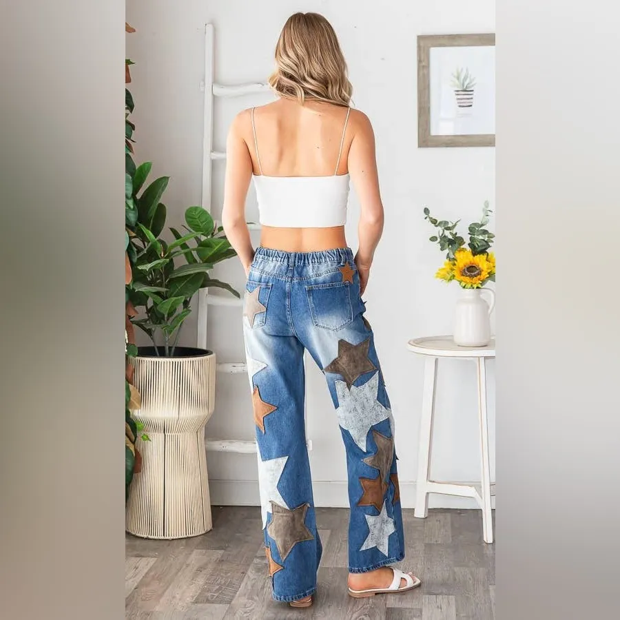 NWOT Oli & Hali Leather Star Patched Denim Jeans Size M - Image 4