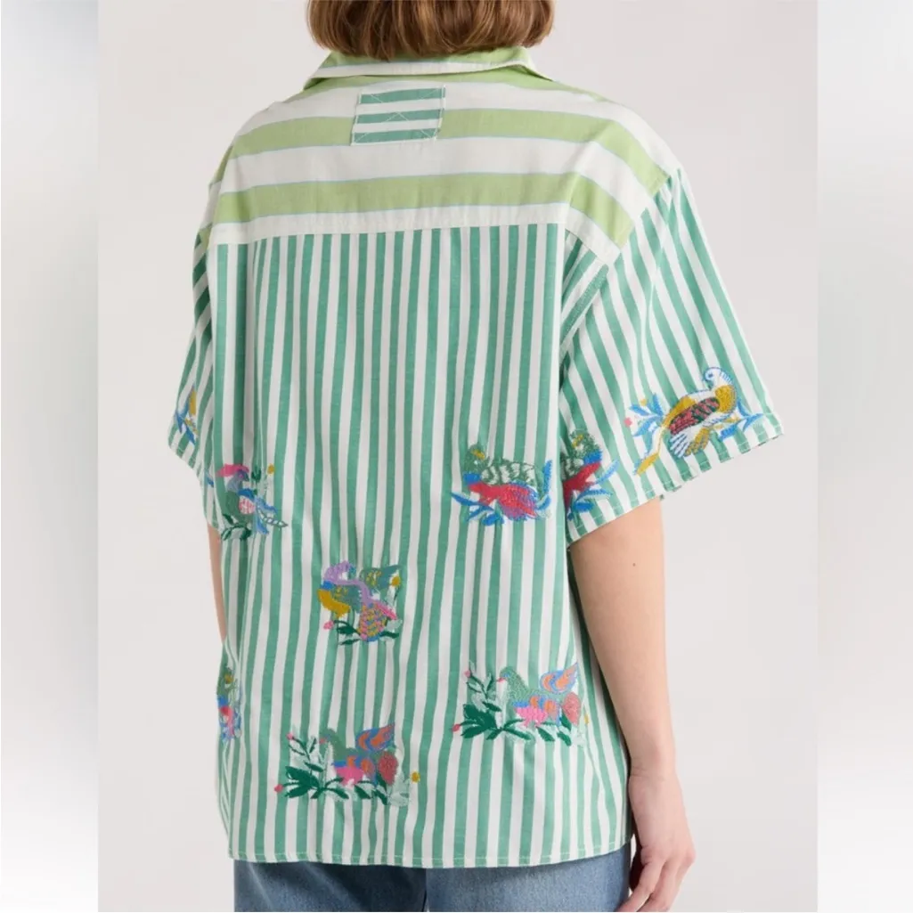 Free People Medium The Bird Shirt Embroidered Relaxed Boxy Fit Green Stripe - Image 5