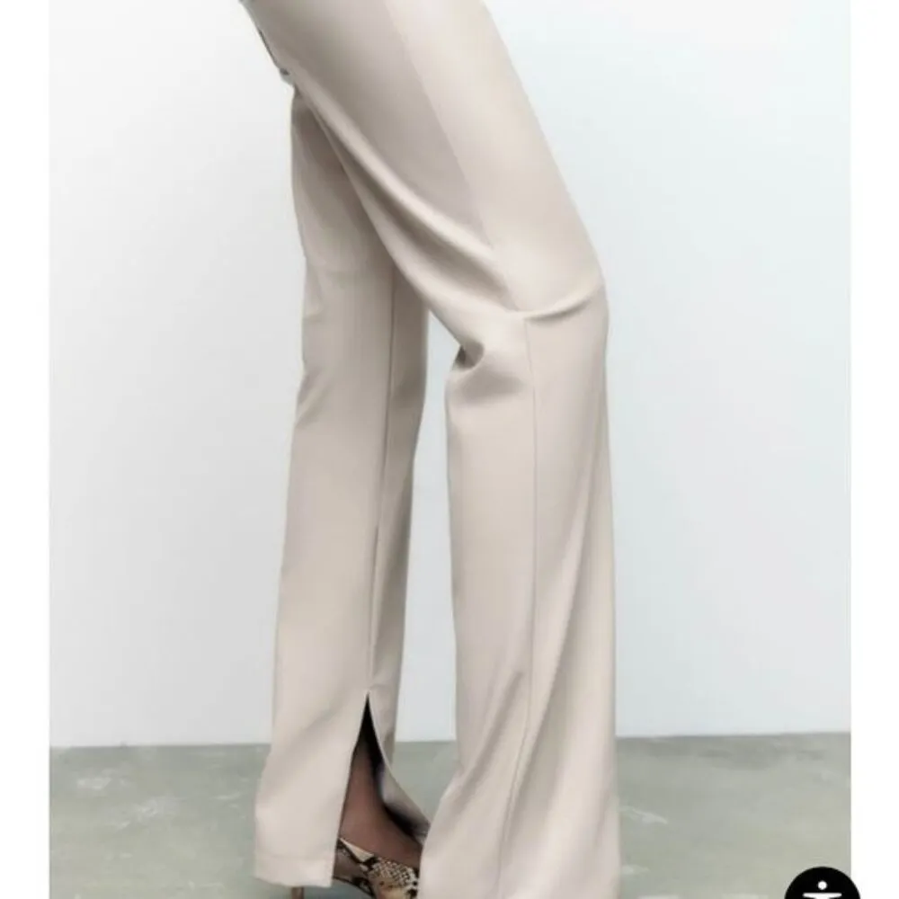 ZARA Faux Leather Super High Rise Slim Flare Pants Slit Size 2 34 Long Beige - Image 9