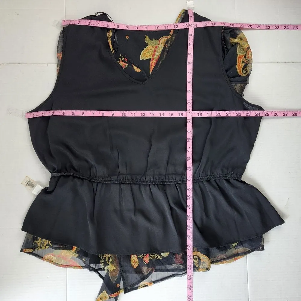 Vince Camuto Asymmetric Blouse Top Paisley Cinch Waist Lined Rich Black Size 2X - Image 8