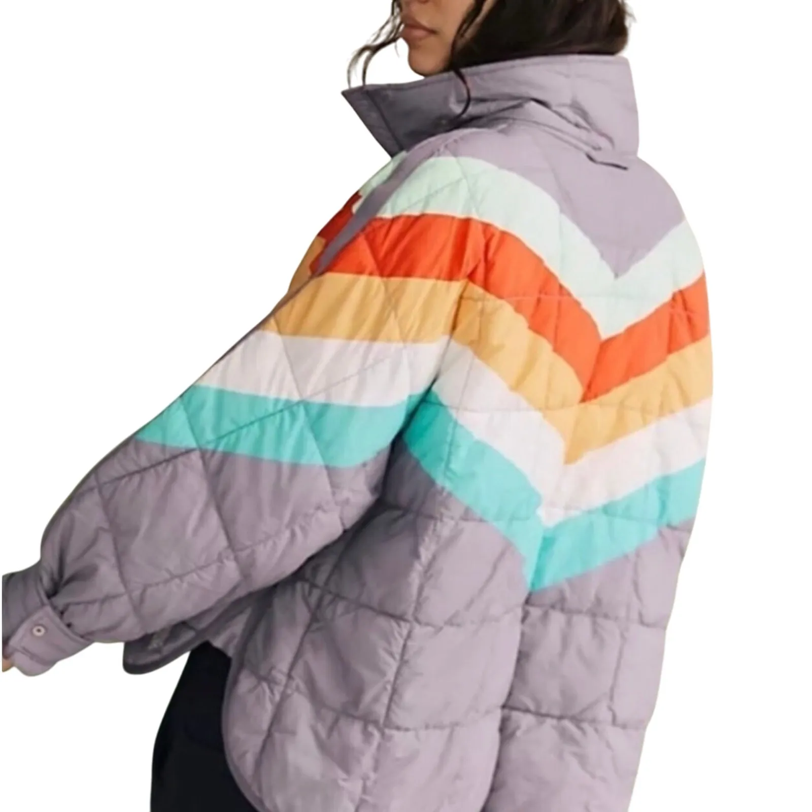 NWT FREE PEOPLE Women’s Rainbow Chevron Striped Pippa Puffer Jacket - Image 2