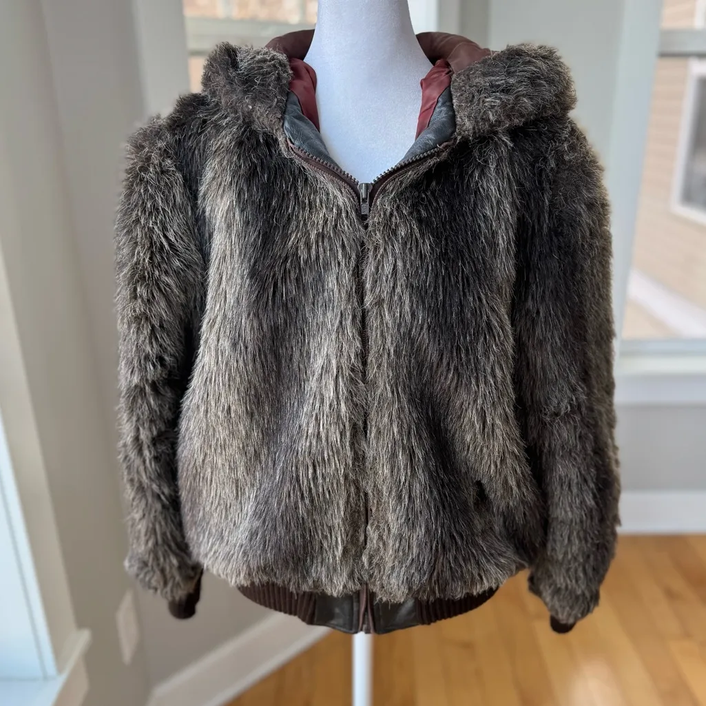 Vintage Raccoon Fur Cropped Hooded Fur Jacket Coat Medium Large Vtg 12 Gray - Image 16