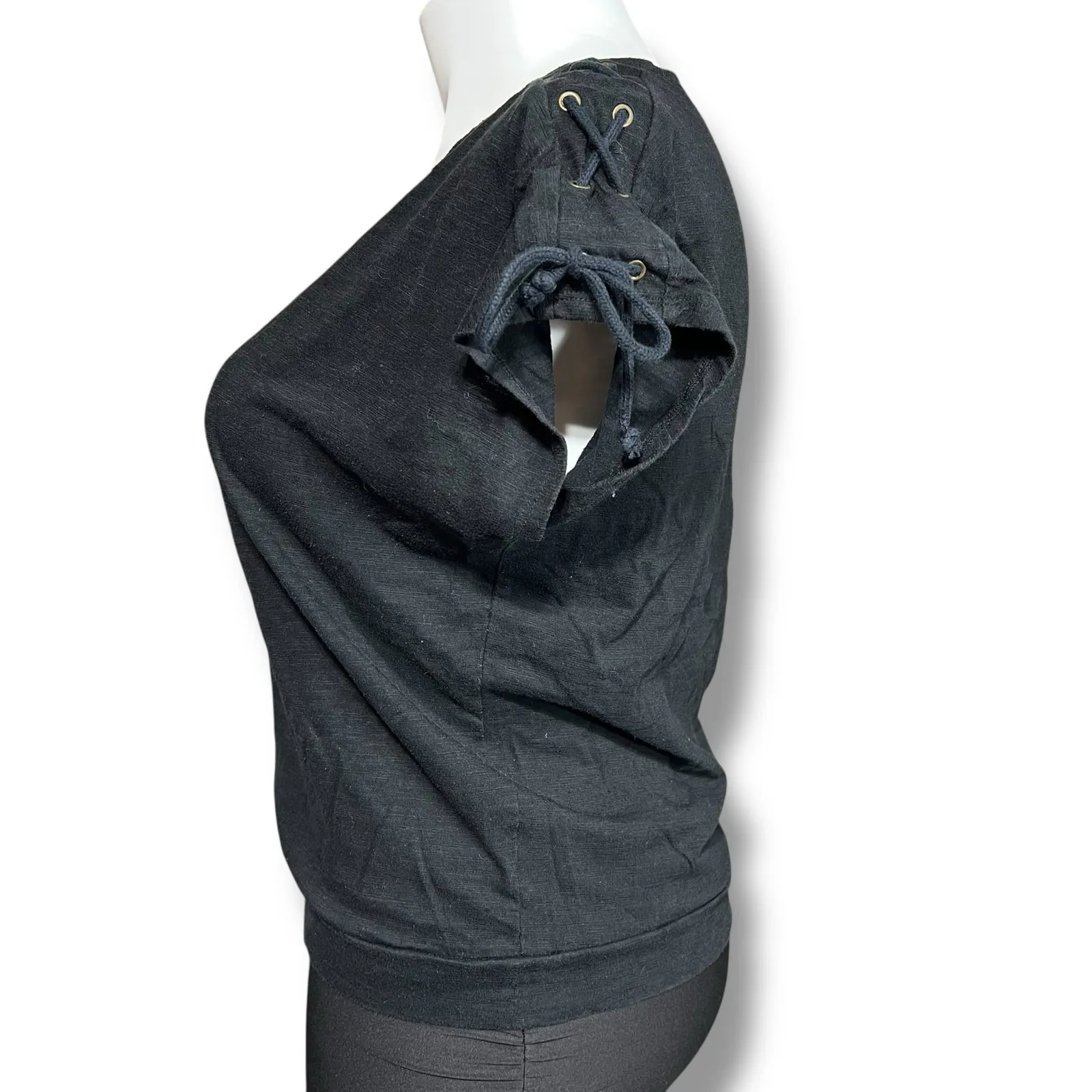 Covington Womens T Shirt Top Short Dolman Sleeve Laceup Detail Black Large - Image 5