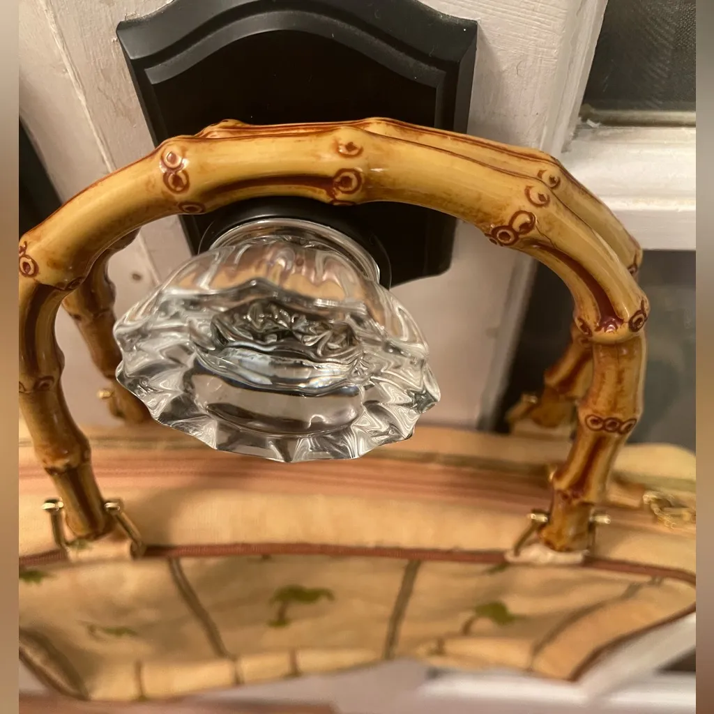 Celebrity palm tree make up cosmetic bag with faux wood straps vintage looking Tan - Image 4