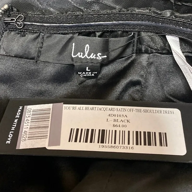 NEW Lulus You're All Heart Black Jacquard Satin Off Shoulder Mini A-Line Dress L - Image 4